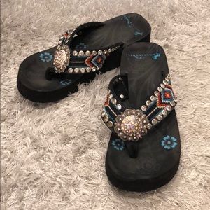 Aztec print rhinestone flipflops